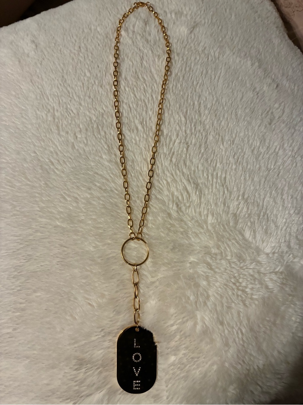 Gold Long Chain Pendant Necklace with 'LOVE' Tag